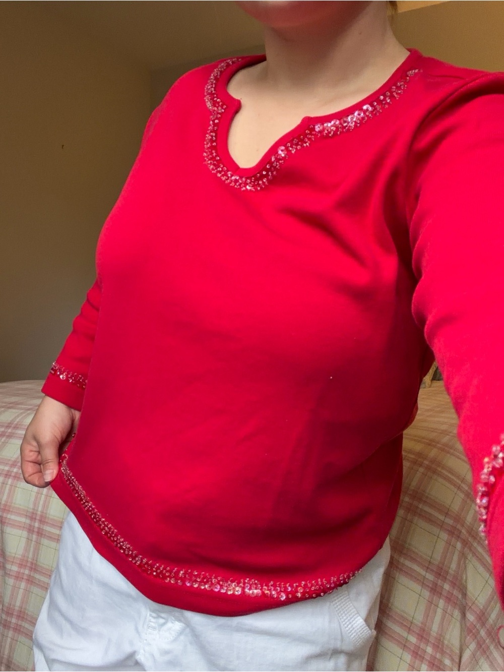 Y2K Fashion Bug Red 3/4 Sleeve Top with Beaded Details